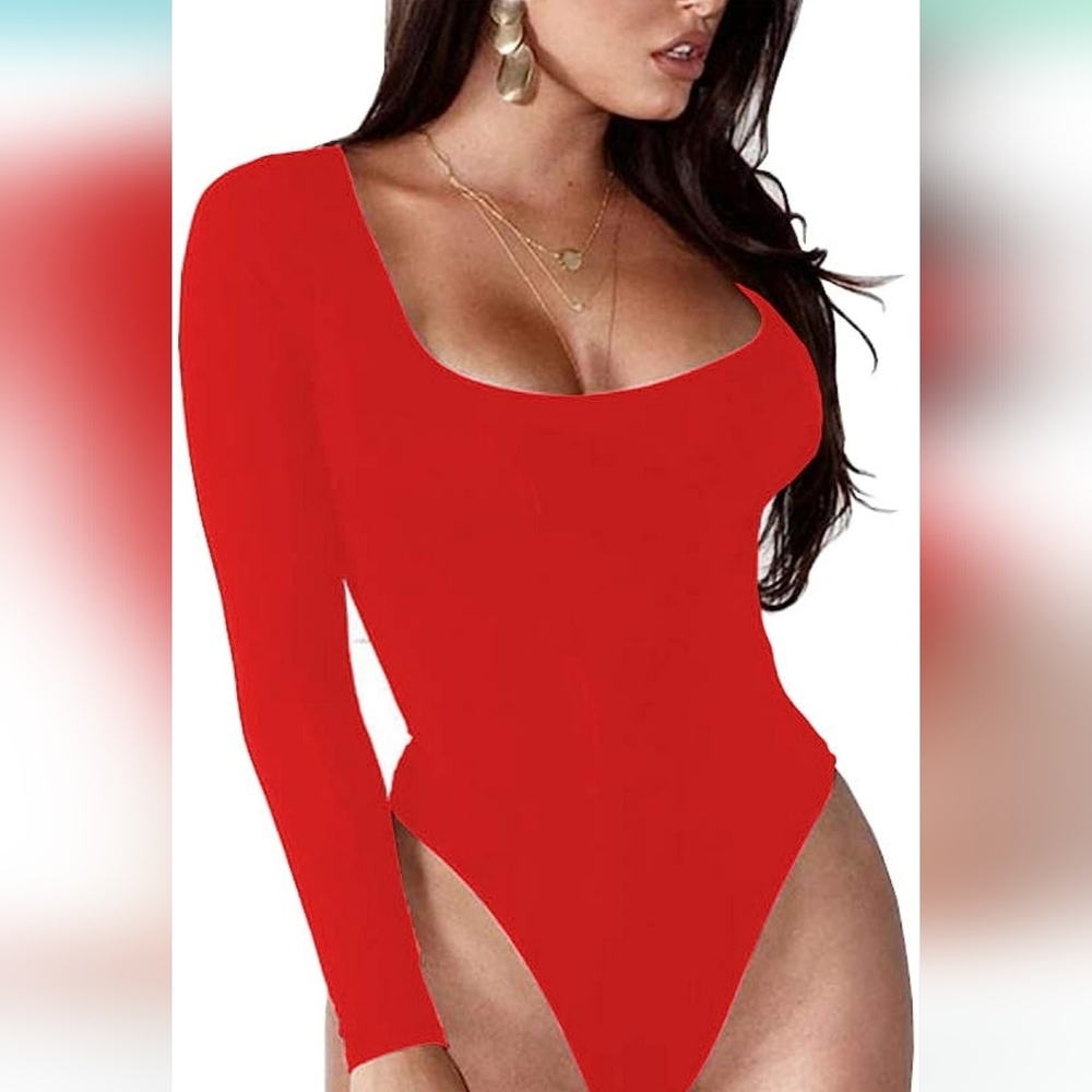 Women's Square Neck Long Sleeve T-shirt Basic Bodysuit Jumpsuits Size S